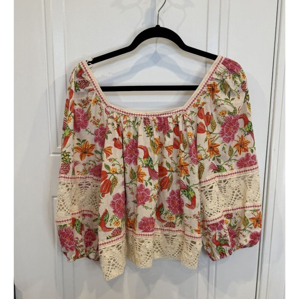 NWT Rachel Zoe Ivory Linen Blend Floral Bird Peasant Top Boho Crochet Sleeves - Picture 2 of 11